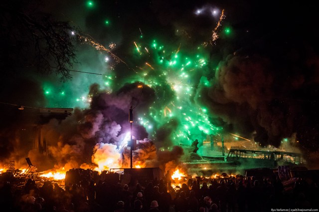 Protestors periodically shoot fireworks at Berkut