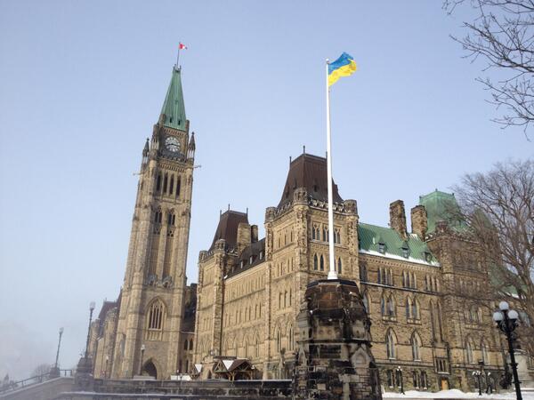 Ukrainian flag flying proudly from the Parliament buildings in Canada's capitol, Ottawa.