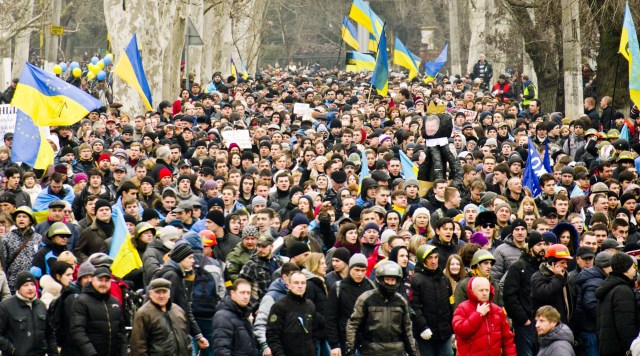 People attend an anti-war rally in the Ukrainian Black Sea city of Odessa on March 2, 2014. Ukraine has placed its army on full combat alert, but with ageing equipment and limited personnel. AFP PHOTO/ ALEXEY KRAVTSOV/AFP/Getty Images