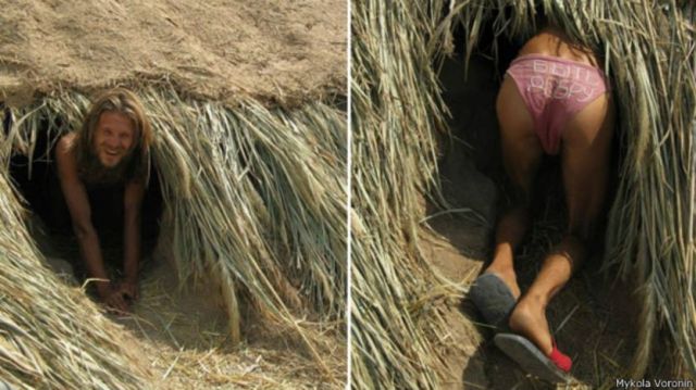 Nick and his wife wintered in this type of "lodging.” [On his underwear it says: “There will be good.”]