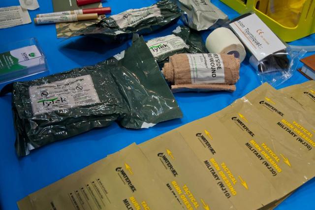 Constituent elements of NATO-standard battlefield IFAK kits (Improved First Aid Kit) prepared for Ukrainian soldiers by Patriot Defence in consultation with leading international experts