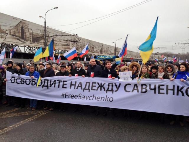 Tens of thousands of people took part in a rally in Moscow, to express outrage at the assassination of Boris Nemtsov and demand freedom of Nadiya Savchenko