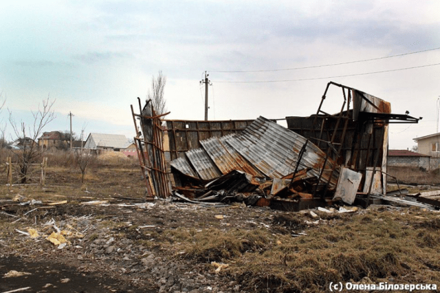 A destroyed village shop in Vodyane (settlement near Donetsk). Image: Olena Bilozerska Fb