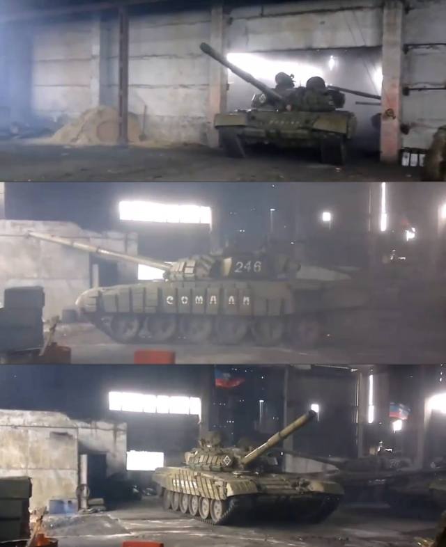 Tanks, possibly, T-80, inside a hangar of the pro-Russian "Somali" gang.