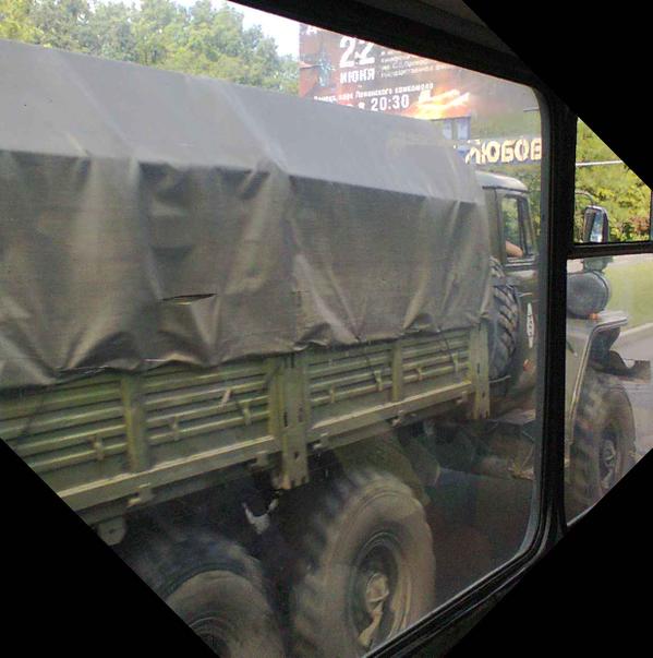 Military trucks on the move back and forth today in Donetsk, Ukraine.