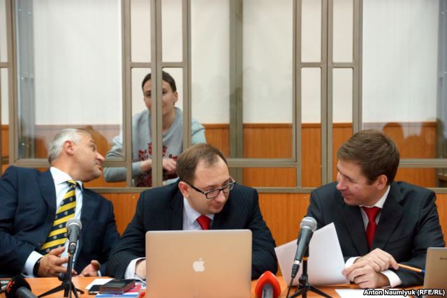 Savchenko and her lawyers in court in Donetsk, Russia.
