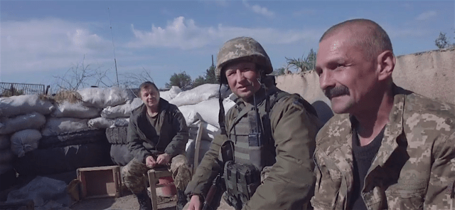 Ukrainian soldiers on the front lines in the industrial zone on the outskirts of Avdiivka, May 27, 2016. Photo: BBC video screenshot 