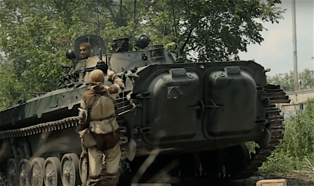 Russian proxy "Fifteenth" International Brigade unit in battle for Mar'inka on June 3rd, 2016. Photo: social media video screenshot